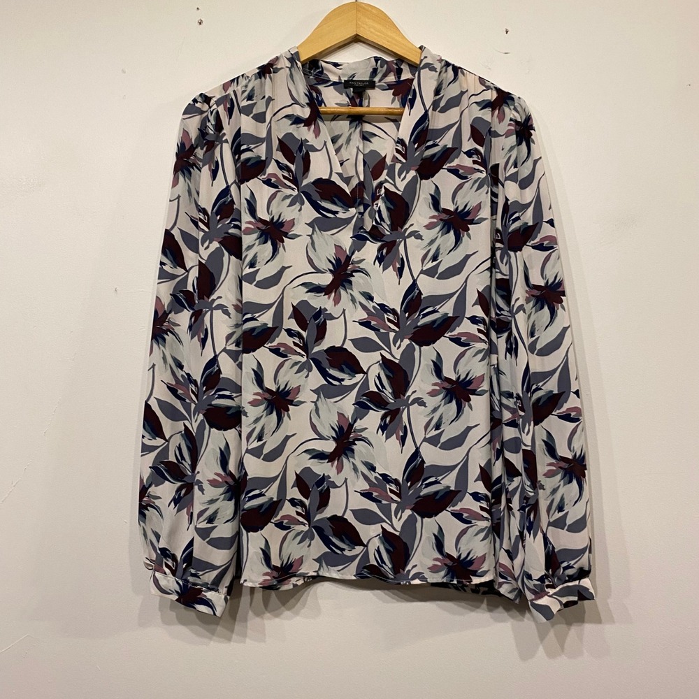 Ann Taylor Factory Womens Large Floral V-Neck Long Sleeve Blouse Navy Burgundy